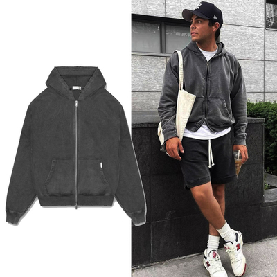 Купить Винтажная кислотная стирка Солнце выцветло Zip Up Distressed Corp Hoodies для мужчин Осень Zipper-up стиль online manufacture