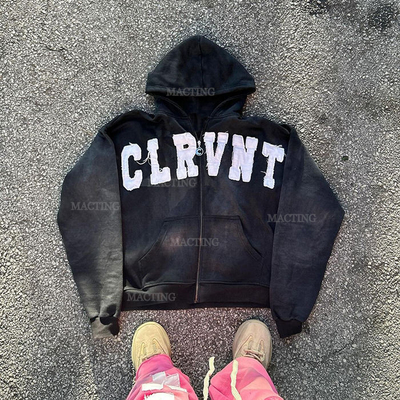Купить Уличная одежда 400 гр. Каменная стирка Zip Up Hoodie в сером цвете с бедственным пластырем online manufacture