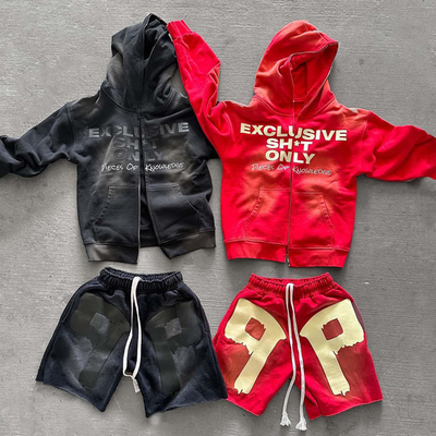 Купить Кислотная стирка Zip Up Hoodie и шорты настроить индивидуальный дизайн для мужчин online manufacture