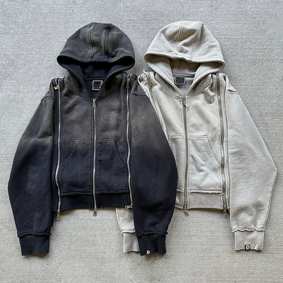 Купить На заказ Патч Трехразовый Zip Up Тяжелый вес Французский Терри Выцвевший кислотный стиральный Hoodie online manufacture