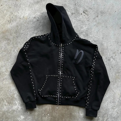 Купить Штрит-обувь на заказ French Terry 100% Cotton Zip Up Rivet Studded Rhinestone Men Hoodies online manufacture