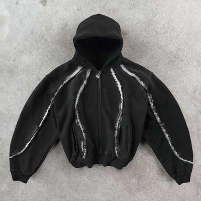 Купить Уличная одежда Hoodie на заказ Винтажные Френгированные полоски 100% хлопка Скрученный цип тяжеловесный коробка фит резкие Hoodies online manufacture