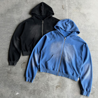 Купить 400 грамм на заказ тяжеловесная пустая большая коробка фит Zip Up Винтажный солнечный выцвет кислотная стирка вафли гофретка для мужчин online manufacture