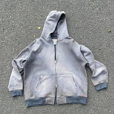 Купить Мужчины на заказ тяжеловесные сверхразмерные посадки коробки Zip Up Stone Acid Wash Distressed Hoodie Unisex Солнце выцветло Zipper Vintage Sweatshirt online manufacture