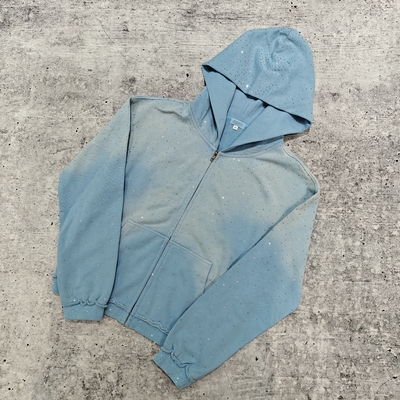 Купить На заказ 2025 Streetwear Heavyweight Rhinestone Hoodie Unisex Пустой Винтажный Солнце Выцветло кислотная стирка Zip Up Oversized Hoodies online manufacture