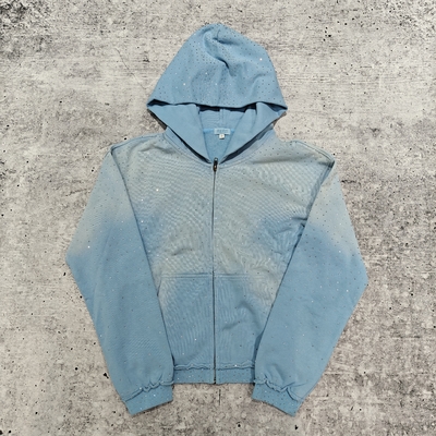 Купить На заказ 2025 Streetwear Heavyweight Rhinestone Hoodie Unisex Пустой Винтажный Солнце Выцветло кислотная стирка Zip Up Oversized Hoodies online manufacture
