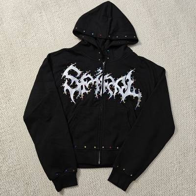 Купить Custom Distressed Embroidery Boxy Cropped Zipper Streetwear 400 gsm 600gsm Men Zip up Heavyweight Rhinestone Hoodie online manufacture
