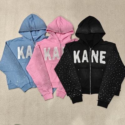 Купить Custom 2025 New Dirty Washed Mens hoodies Y2k Streetwear Vintage Distressed Applique Embroidery Rhinestone Zip up Hoodie online manufacture