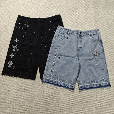 Купить Clothing Manufacturers Custom Streetwear Rhinestone Vintage Black Jeans Shorts Rhinestone Denim Shorts Jorts for Men online manufacture