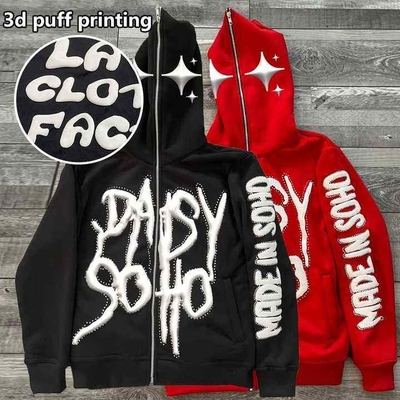 Уличная одежда на заказ 100% хлопка тяжеловесное полное лицо Zip Up Rhinestone 3D Puff Printing Hoodies