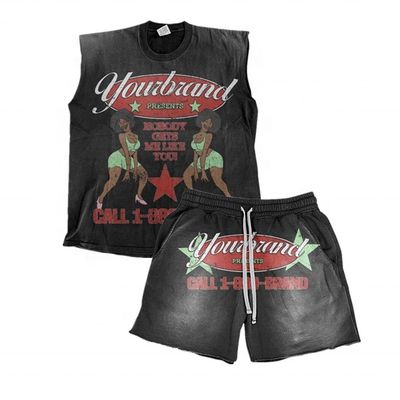 Поддержка индивидуального логотипа Солнце выцветает кислотная стирка Винтаж без рукава футболка и шорты набор