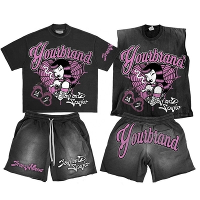Настройка логотипа Acid Wash Hoodies Sweat Shorts Black Crop Top и Tank Top без рукава
