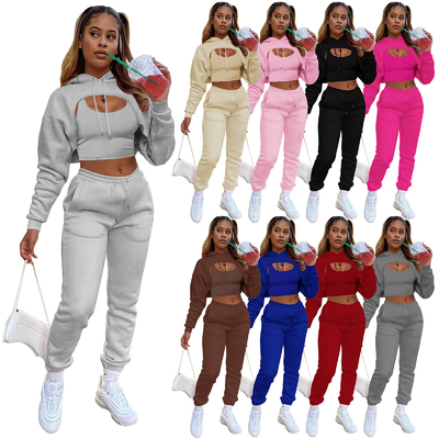 Напечатанные розовые женские спортивные костюмы 3-х кусочный набор Crop Top Hoodie и бегуны