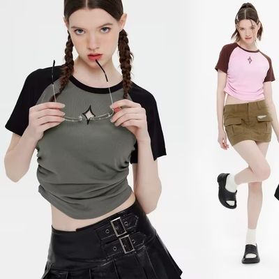 Контрастный цвет американской ретро уличной футболки Y2K для женщин