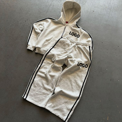 На заказ тяжелые хлопчатобумажные боковые полоски с резкой коробкой Zip Up Hoodies и Baggy Sweatpants Set Sweatsuits