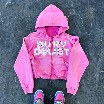 На заказ Винтажное Умытое Вунь Французский Терри Тяжелый вес Толстый кристаллический резиновый двойной цип до Hoodie мужчины