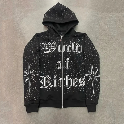 Высококачественная вышивка Zip Hoodie тяжеловесный хлопок французский Терри Oversized Hoodies на заказ Zipper Rhinestone Zip Up Hoodie
