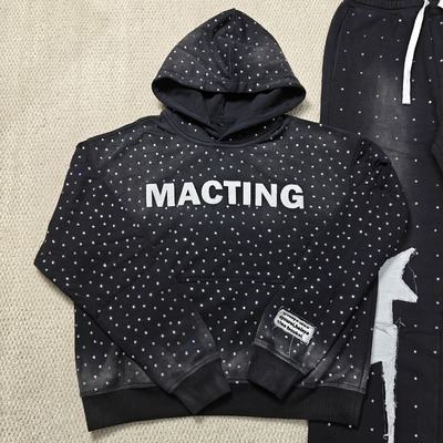 Custom Applique Embroidery Distressed Rhinestone Zip up Hoodie Acid Wash Vintage Washed Fleece Streetwear Hoodie for Men